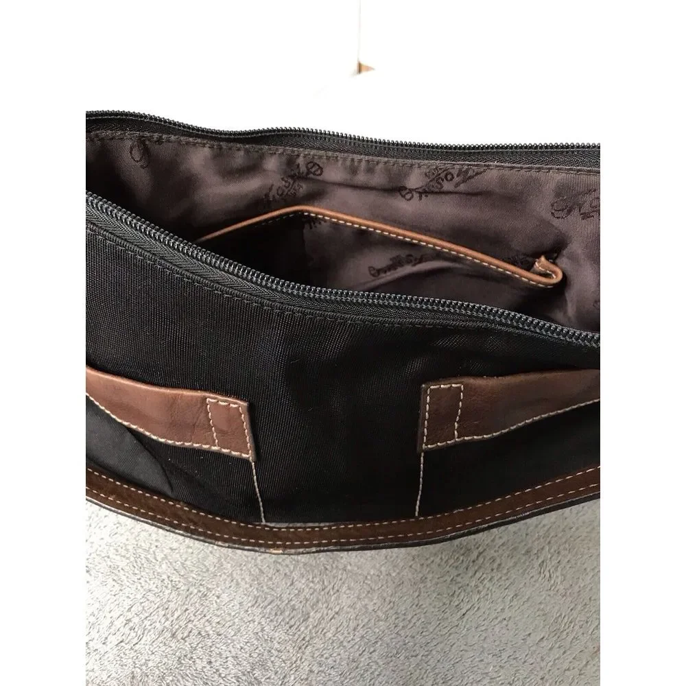 Fossil‎ Tan Black Nylon Leather Trim Shoulder Bag Handbag Hobo Purse READ